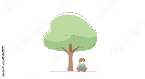 Child Sitting Under Big Tree Alone.