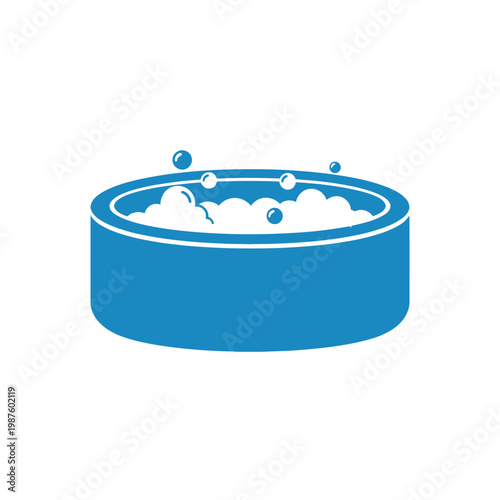 Blue bathtub with bubbles and water, isolated on white background, icon and symbol