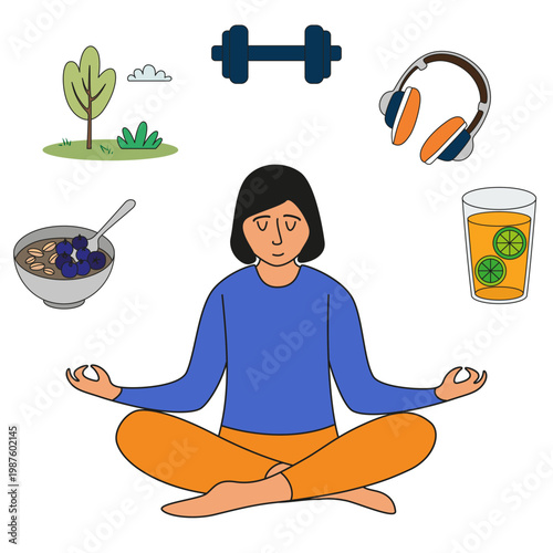 Relaxation for positive woman life. Mindful Eating with meditation and nutrition. Self care and things for wellness and harmony. Hydration, quality sleep and healthy eating vector illustration. Relax.