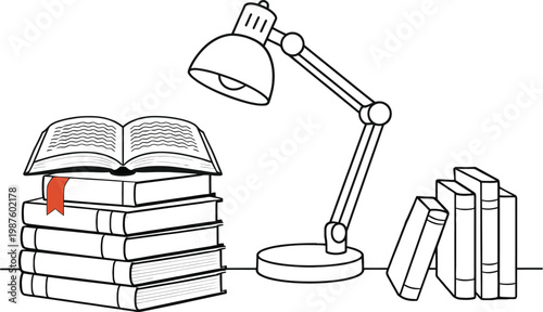 Minimalist line art book stack with desk lamp, educational study workspace vector, library reading concept illustration