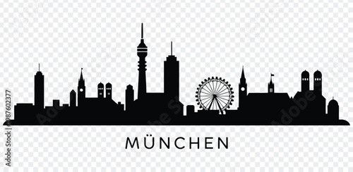 Black silhouette of munich city skyline with famous landmarks and ferris wheel