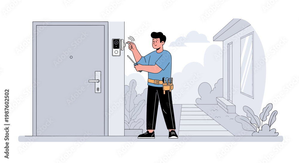 Fototapeta premium Handyman installing smart doorbell on house entrance, home security technology