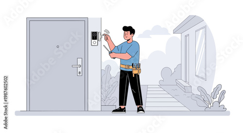 Handyman installing smart doorbell on house entrance, home security technology