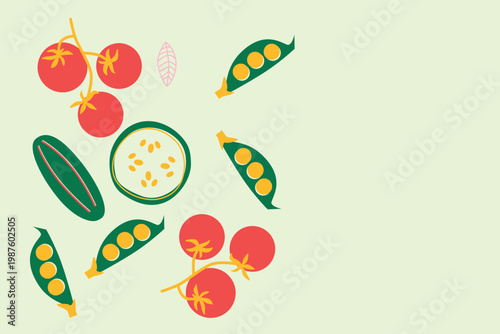 Art & Illustration Abstract appetizing Vegetables collection. Decorative abstract horizontal banner with colorful doodles. Hand-drawn modern illustrations with Vegetables, abstract elements.