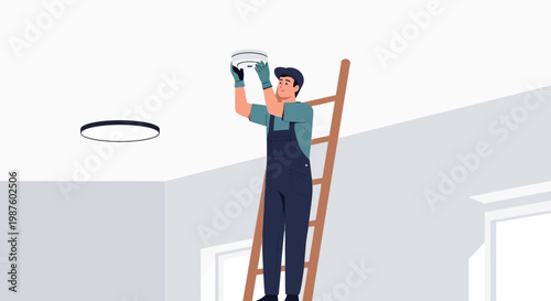 Handyman installing smoke detector on ceiling using ladder, home safety concept
