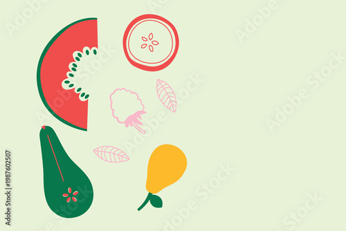 Art & Illustration Abstract appetizing Vegetables collection. Decorative abstract horizontal banner with colorful doodles. Hand-drawn modern illustrations with Vegetables, abstract elements.