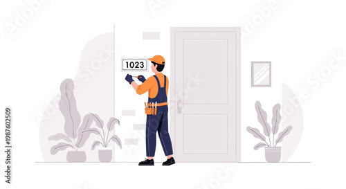 Handyman installs door number 1023 on apartment door, home repair service