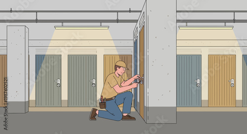 Handyman repairing garage door lock, maintenance service, residential building interior