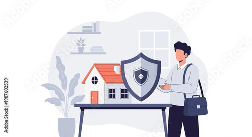 Home insurance concept: man with briefcase and shield protecting house model