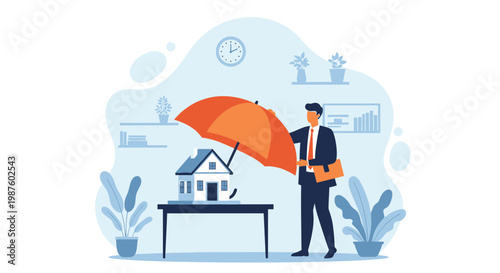 Home Insurance Protection: Agent Shields House Under Orange Umbrella