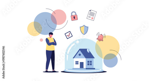 Home Protection Concept: Man Safeguarding House Under Glass Dome with Security Symbols