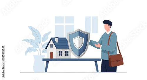 Homeowner with Shield Protecting House Model, Insurance Concept