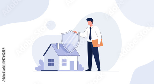 Homeowner with Shield Protecting House from Danger, Insurance Concept