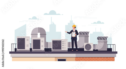 HVAC Technician Inspecting Rooftop Air Conditioning Units on Building Top