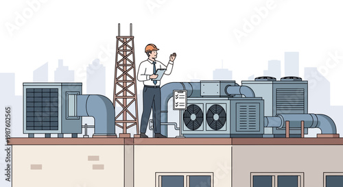 HVAC technician inspecting rooftop air conditioning units on a building.