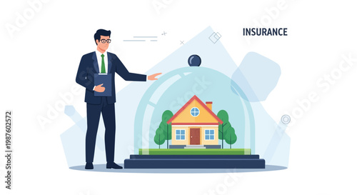 Insurance agent protecting house under glass dome, home safety and security concept
