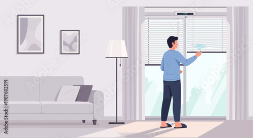 Man Adjusting Smart Blinds Remotely Using Smartphone in Modern Living Room