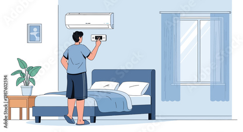 Man Adjusting Air Conditioner Remote in Bedroom, Climate Control Concept