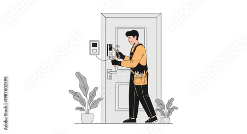 Locksmith repairing door lock, installing smart lock on front door, home security service