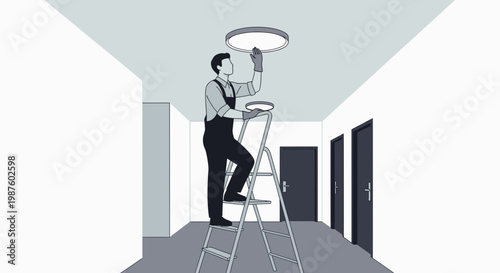 Maintenance worker installing ceiling light on ladder in hallway with doors