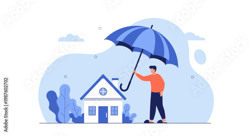 Man holding umbrella protecting house from rain, home insurance concept, safety and security