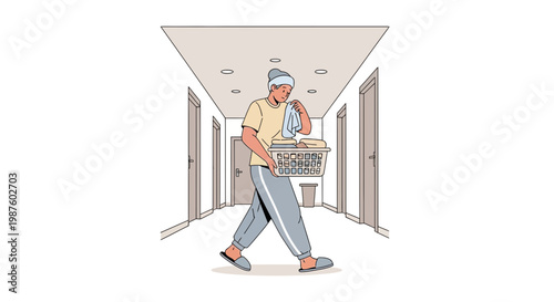 Man in pajamas carrying laundry basket down hallway, doing chores
