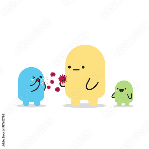 Cute cartoon characters virus transmission, sickness concept