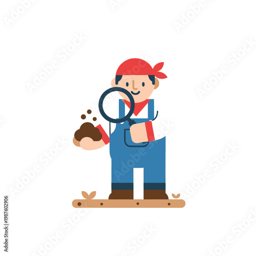 Farmer with Magnifying Glass Inspecting Soil, Agriculture Concept Illustration