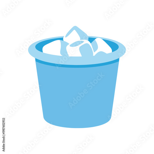 Blue bucket filled with ice cubes, isolated on white background, vector illustration