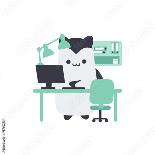 Cute cartoon cat working at a computer desk in an office
