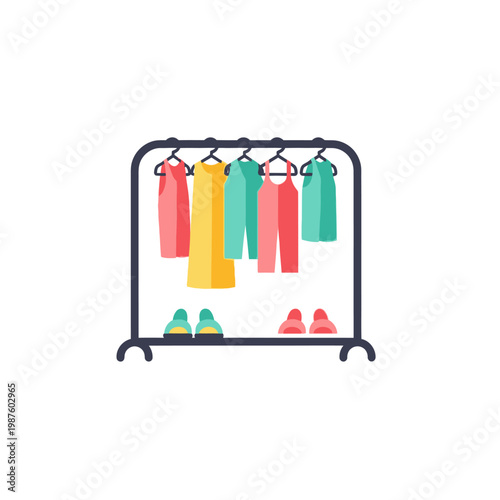 Wardrobe rack with colorful clothes and shoes, illustration.