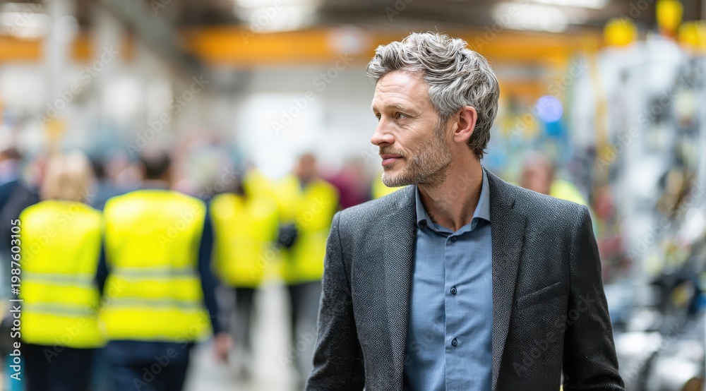 Obraz premium well dressed man walking confidently in a factory setting