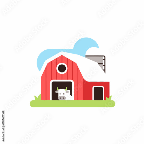 Red Barn with Cow and Snowy Roof - Farm Icon Illustration