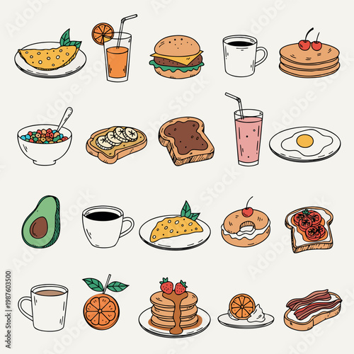 Food Icons Collection Flat Vector Illustration, Cute Meals and Drinks Set for Menu Design, Cafe Branding, Stickers and App UI Elements
