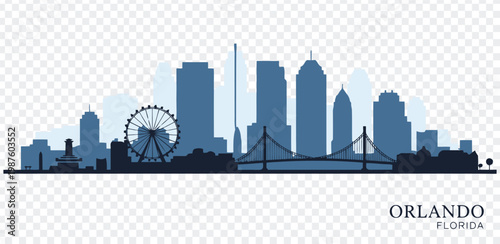 Orlando florida city skyline with ferris wheel and bridge in blue silhouette