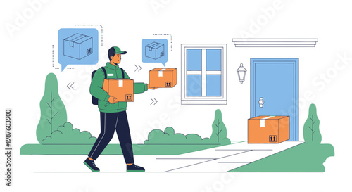 Delivery man carrying boxes to house, doorstep package delivery, logistics service