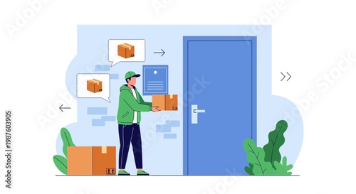 Delivery man bringing package to door, express shipping, online order delivery
