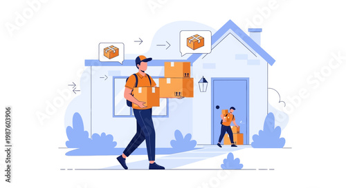 Delivery man carrying boxes to house, logistics and shipping concept, fast delivery