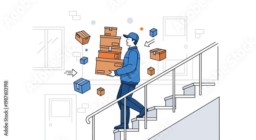 Delivery man carrying boxes up stairs, logistics and shipping concept