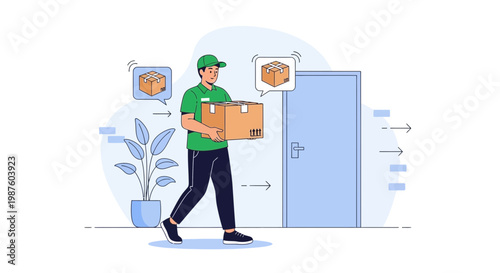 Delivery man carrying package to door, express parcel delivery service, logistics concept