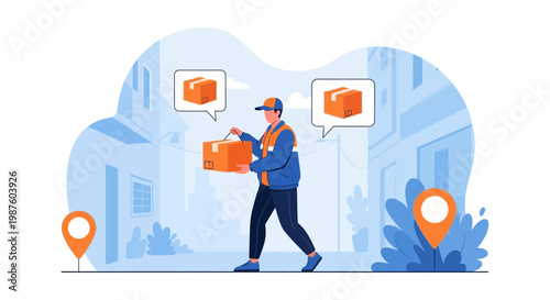 Delivery man carrying package on street with location pins, parcel delivery concept