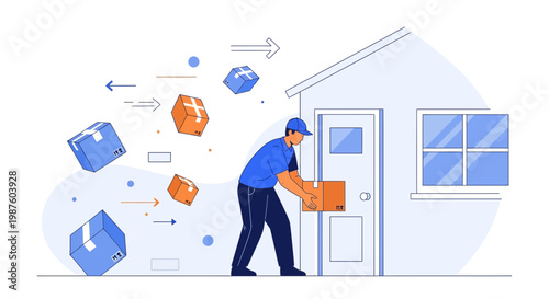 Delivery man carrying package to house door, parcels flying around