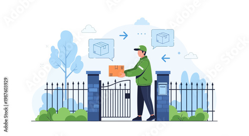 Delivery man carrying package to house gate, parcel delivery, logistics, shipping, e-commerce concept