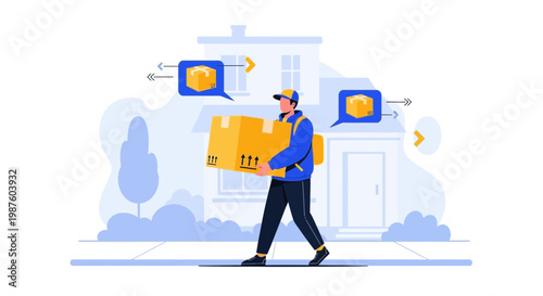 Delivery man carrying package to house, logistics and shipping concept, fast delivery service