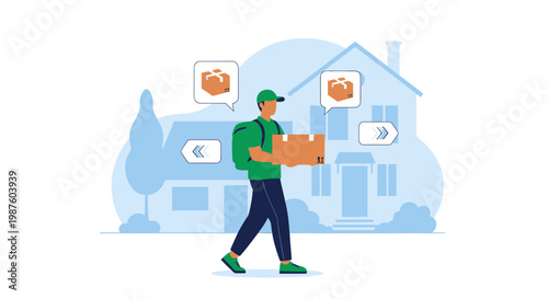 Delivery man carrying package to house, logistics and shipping concept