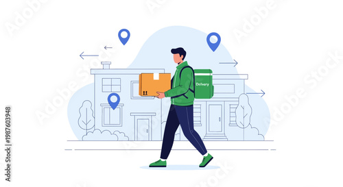 Delivery man carrying package with delivery bag, walking past houses with map pins
