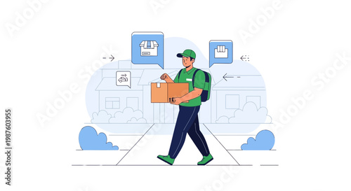 Delivery man carrying package walking on street with houses and notification icons