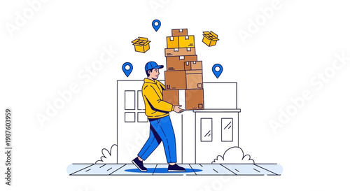 Delivery man carrying stack of boxes with location pins, urban delivery concept
