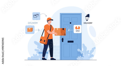 Delivery man holding package at front door, contactless delivery concept