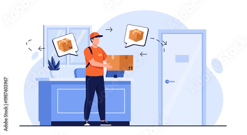Delivery man holding package at reception, parcel delivery, logistics service